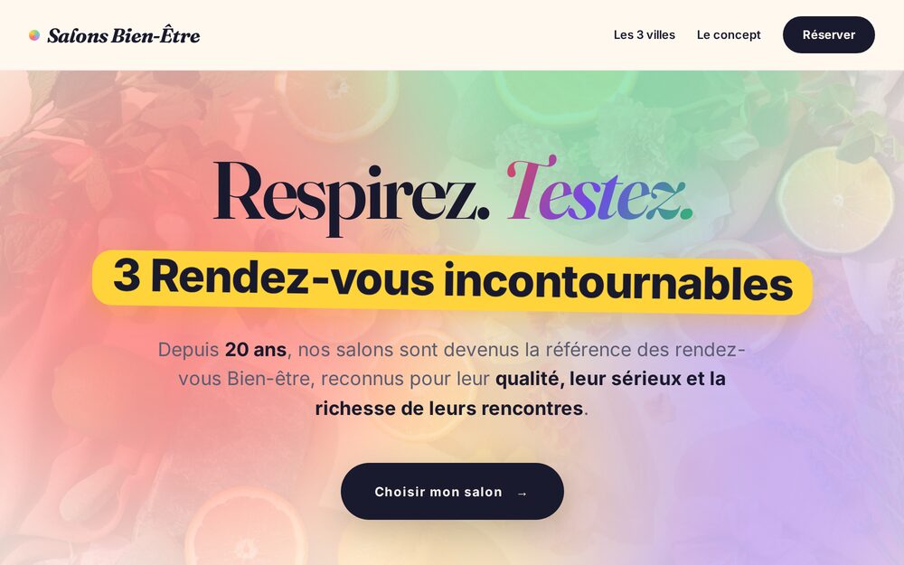 Page d'accueil du site des Salons Bien-Être, construit pour l'Agence Plan B